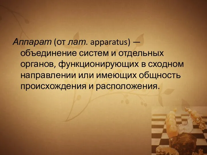 Аппарат (от лат. apparatus) — объединение систем и отдельных органов, функционирующих в