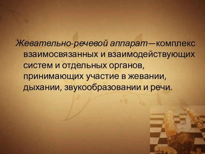 Жевательно-речевой аппарат—комплекс взаимосвязанных и взаимодействующих систем и отдельных органов, принимающих участие в