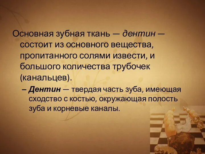 Основная зубная ткань — дентин — состоит из основного вещества, пропитанного солями