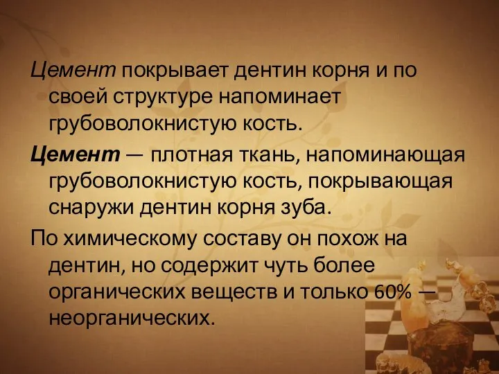 Цемент покрывает дентин корня и по своей структуре напоминает грубоволокнистую кость. Цемент