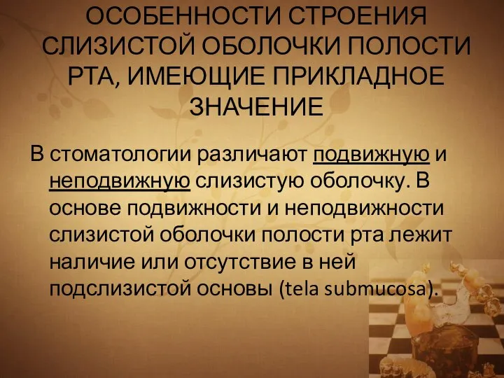 ОСОБЕННОСТИ СТРОЕНИЯ СЛИЗИСТОЙ ОБОЛОЧКИ ПОЛОСТИ РТА, ИМЕЮЩИЕ ПРИКЛАДНОЕ ЗНАЧЕНИЕ В стоматологии различают