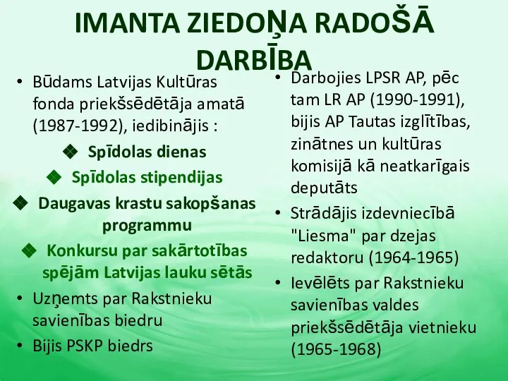 IMANTA ZIEDOŅA RADOŠĀ DARBĪBA Būdams Latvijas Kultūras fonda priekšsēdētāja amatā (1987-1992), iedibinājis
