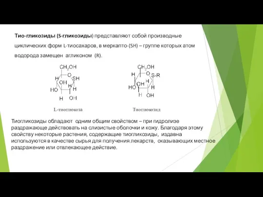 Тио-гликозиды (S-гликозиды) представляют собой производные циклических форм L-тиосахаров, в меркапто-(SH) – группе