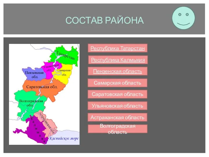 СОСТАВ РАЙОНА Республика Татарстан Республика Калмыкия Пензенская область Самарская область Саратовская область