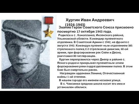 Хуртин Иван Андреевич (1924-1943) Звание Героя Советского Союза присвоено посмертно 17 октября