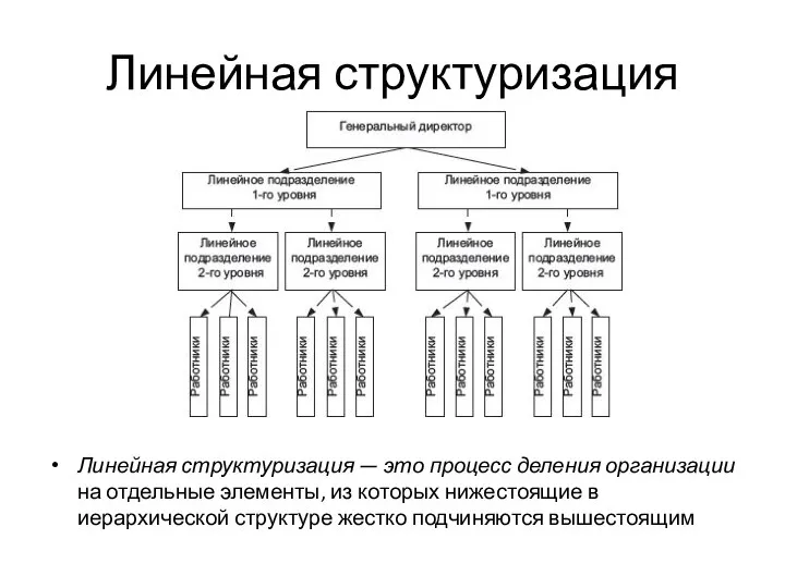 Линейная структуризация Линейная структуризация — это процесс деления организации на отдельные элементы,