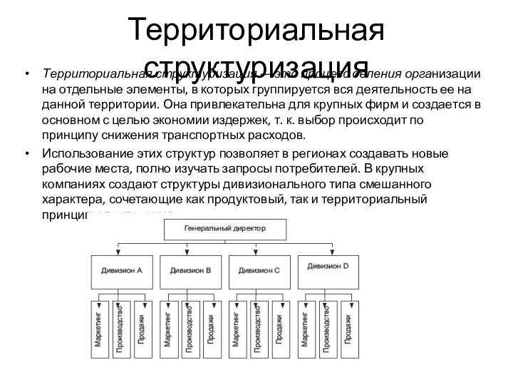 Территориальная структуризация Территориальная структуризация — это процесс деления организации на отдельные элементы,