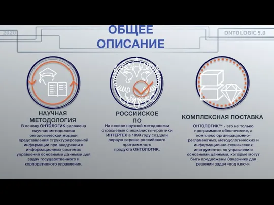 ОБЩЕЕ ОПИСАНИЕ В основу ОНТОЛОГИК заложена научная методология онтологической модели представления структурированной