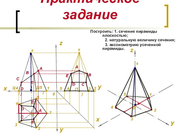 Практическое задание Построить: 1. сечение пирамиды плоскостью; 2. натуральную величину сечения; 3.