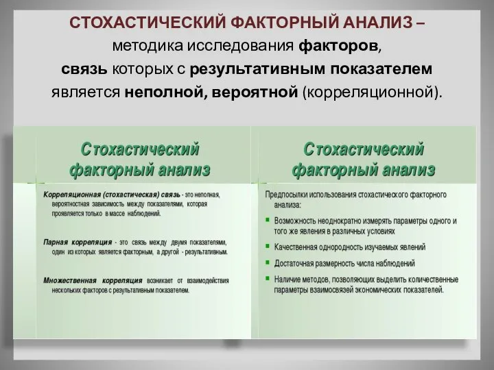 СТОХАСТИЧЕСКИЙ ФАКТОРНЫЙ АНАЛИЗ – методика исследования факторов, связь которых с результативным показателем является неполной, вероятной (корреляционной).