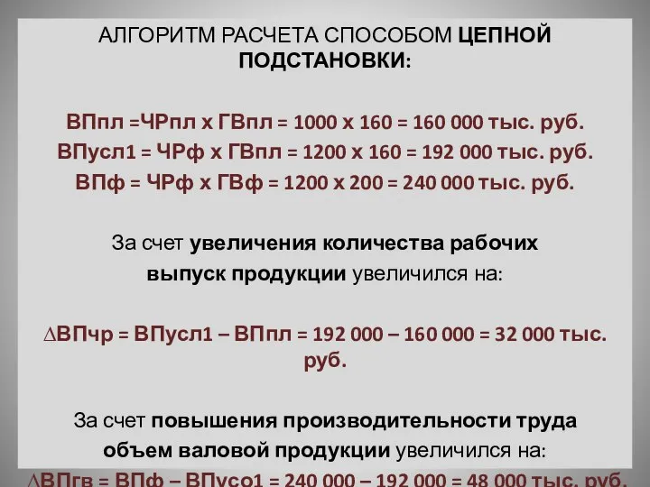 АЛГОРИТМ РАСЧЕТА СПОСОБОМ ЦЕПНОЙ ПОДСТАНОВКИ: ВПпл =ЧРпл х ГВпл = 1000 х