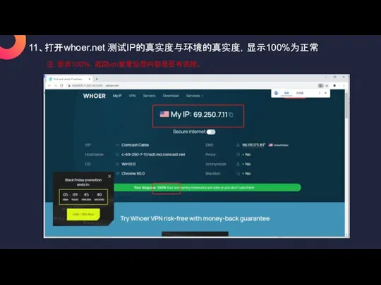 11、打开whoer.net 测试IP的真实度与环境的真实度，显示100%为正常 注：若非100%，返回vm查看设置内容是否有误按。