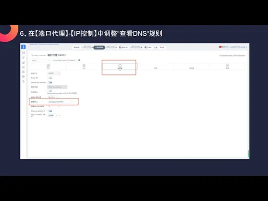 6、在【端口代理】-【IP控制】中调整“查看DNS“规则