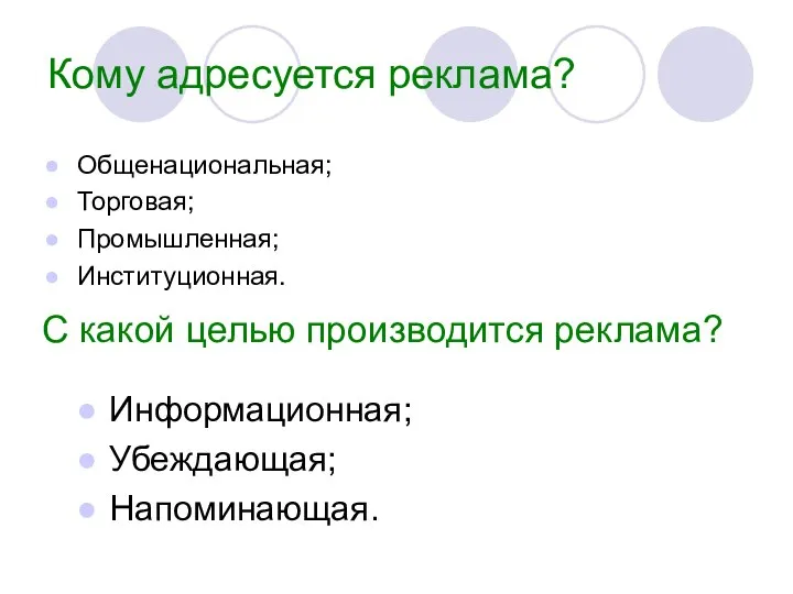 Кому адресуется реклама? Общенациональная; Торговая; Промышленная; Институционная. С какой целью производится реклама? Информационная; Убеждающая; Напоминающая.