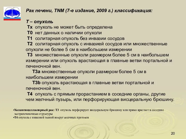 Рак печени, TNM (7-е издание, 2009 г.) классификация: Т – опухоль Tх