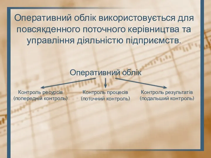 Оперативний облік використовується для повсякденного поточного керівництва та управління діяльністю підприємств. Оперативний