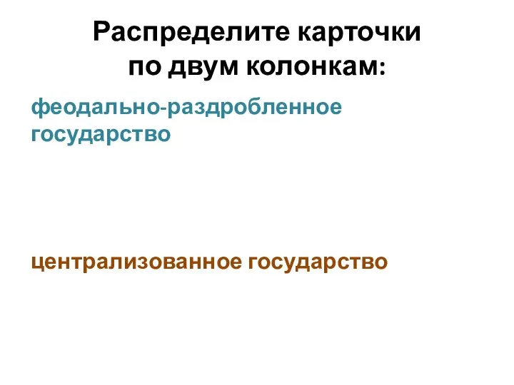 Распределите карточки по двум колонкам: феодально-раздробленное государство централизованное государство