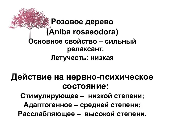 Розовое дерево (Aniba rosaeodora) Основное свойство – сильный релаксант. Летучесть: низкая Действие