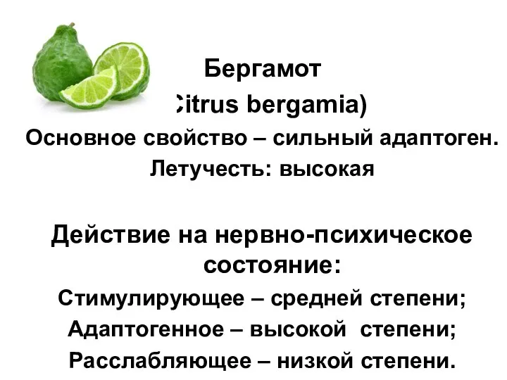 Бергамот (Citrus bergamia) Основное свойство – сильный адаптоген. Летучесть: высокая Действие на