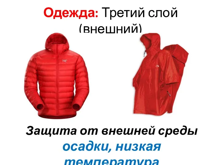 Одежда: Третий слой (внешний) Защита от внешней среды осадки, низкая температура