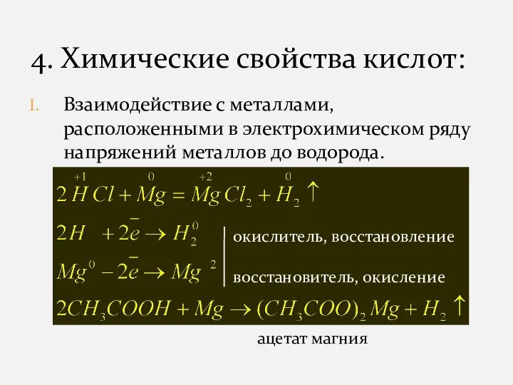 Взаимодействие с металлами, расположенными в электрохимическом ряду напряжений металлов до водорода. 4. Химические свойства кислот: