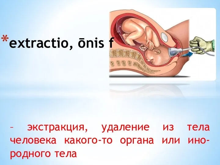 – экстракция, удаление из тела человека какого-то органа или ино- родного тела extractio, ōnis f