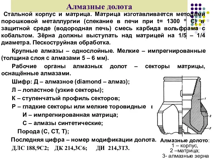 Алмазные долота Стальной корпус и матрица. Матрица изготавливается методами порошковой металлургии (спекание