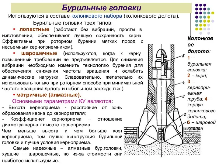 Бурильные головки • матричные (алмазные). Основными параметрами КУ являются: - Высота керноприема