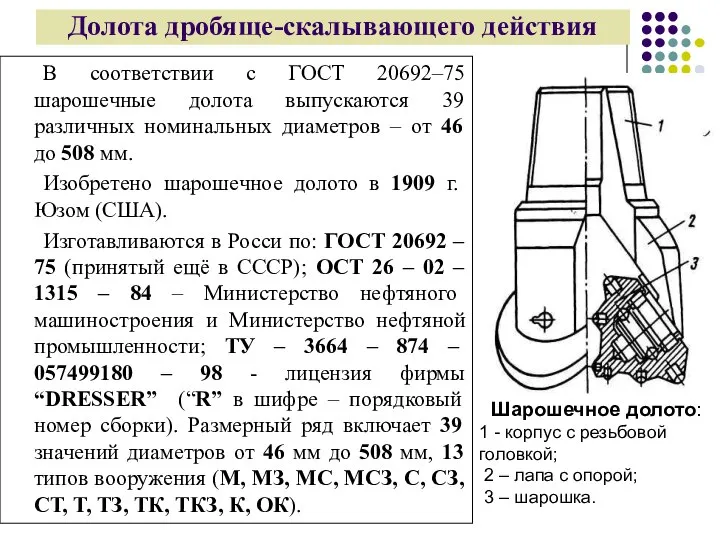 Долота дробяще-скалывающего действия В соответствии с ГОСТ 20692–75 шарошечные долота выпускаются 39