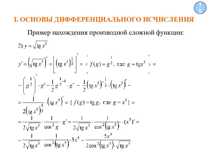 I. ОСНОВЫ ДИФФЕРЕНЦИАЛЬНОГО ИСЧИСЛЕНИЯ 15 Пример нахождения производной сложной функции: