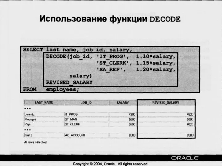 09/06/2023 База данных Oracle 10g. Основы SQL. Часть I Использование функции DECODE