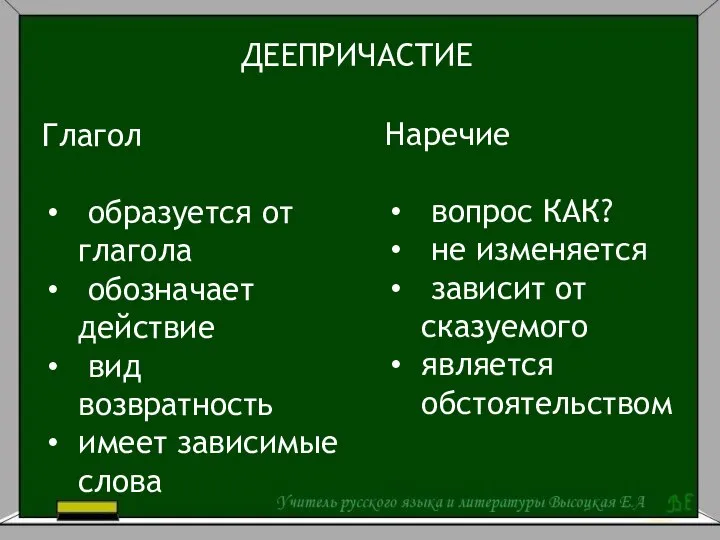 ДЕЕПРИЧАСТИЕ Глагол образуется от глагола обозначает действие вид возвратность имеет зависимые слова