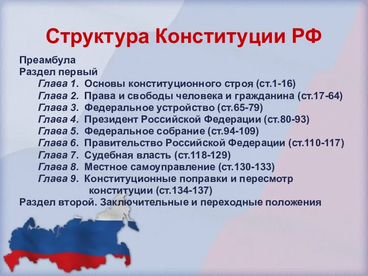 Структура Конституции РФ Преамбула Раздел первый Глава 1. Основы конституционного строя (ст.1-16)