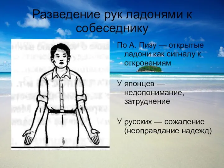 Разведение рук ладонями к собеседнику У японцев — недопонимание, затруднение У русских