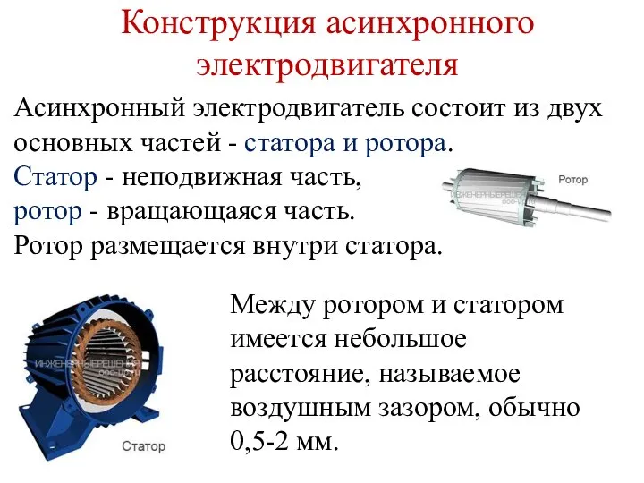 Конструкция асинхронного электродвигателя Асинхронный электродвигатель состоит из двух основных частей - статора