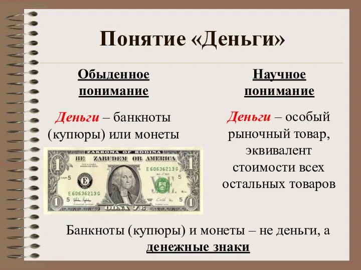 Понятие «Деньги» Обыденное понимание Научное понимание Деньги – особый рыночный товар, эквивалент