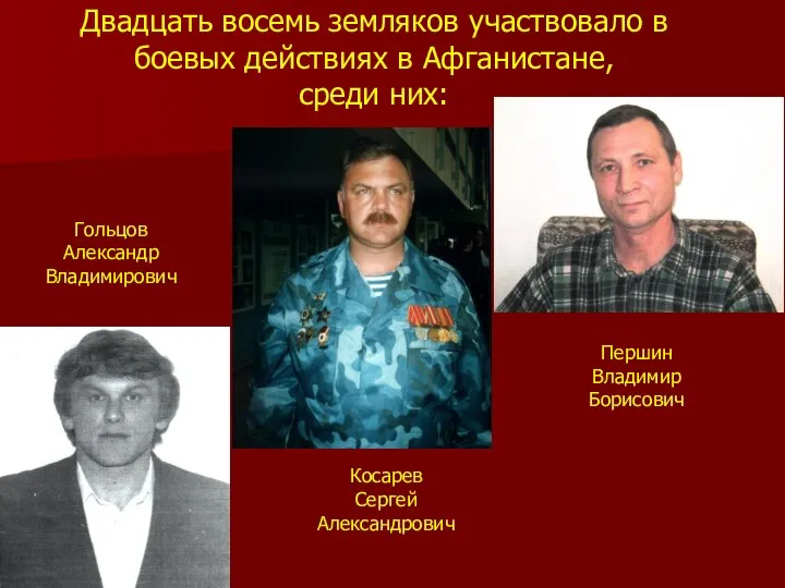 Двадцать восемь земляков участвовало в боевых действиях в Афганистане, среди них: Гольцов