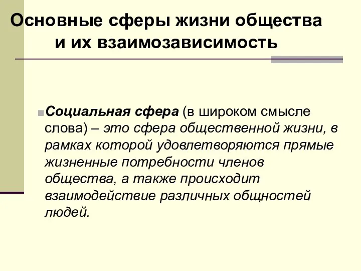 Основные сферы жизни общества и их взаимозависимость Социальная сфера (в широком смысле