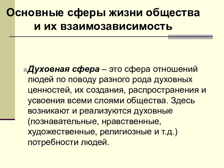 Основные сферы жизни общества и их взаимозависимость Духовная сфера – это сфера