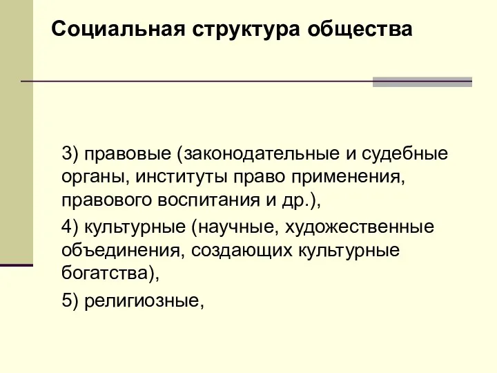 Социальная структура общества 3) правовые (законодательные и судебные органы, институты право применения,