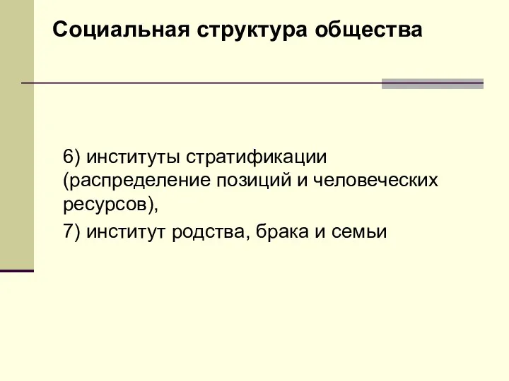 Социальная структура общества 6) институты стратификации (распределение позиций и человеческих ресурсов), 7)