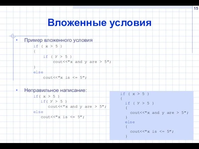 Вложенные условия Пример вложенного условия if ( х > 5 ) {