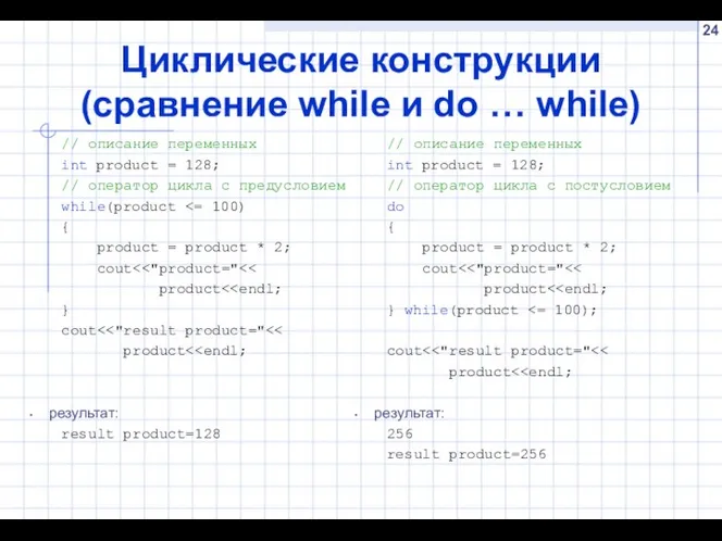 Циклические конструкции (сравнение while и do … while) // описание переменных int