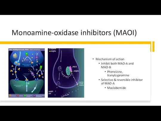 Monoamine-oxidase inhibitors (MAOI) Mechanism of action Inhibit both MAO-A and MAO-B Phenelzine,