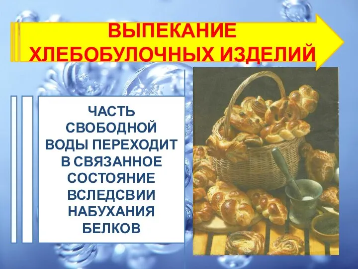 ЧАСТЬ СВОБОДНОЙ ВОДЫ ПЕРЕХОДИТ В СВЯЗАННОЕ СОСТОЯНИЕ ВСЛЕДСВИИ НАБУХАНИЯ БЕЛКОВ ВЫПЕКАНИЕ ХЛЕБОБУЛОЧНЫХ ИЗДЕЛИЙ