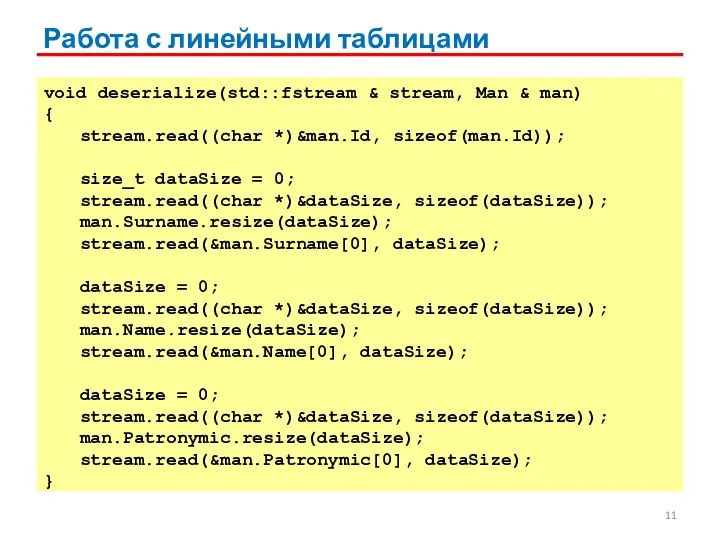 Работа с линейными таблицами void deserialize(std::fstream & stream, Man & man) {