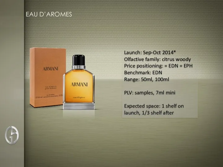 EAU D’AROMES Launch: Sep-Oct 2014* Olfactive family: citrus woody Price positioning: =