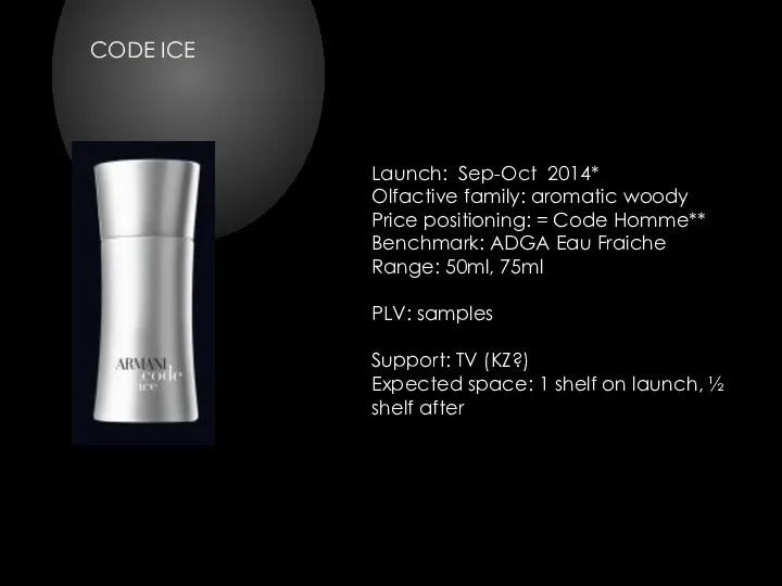 CODE ICE Launch: Sep-Oct 2014* Olfactive family: aromatic woody Price positioning: =