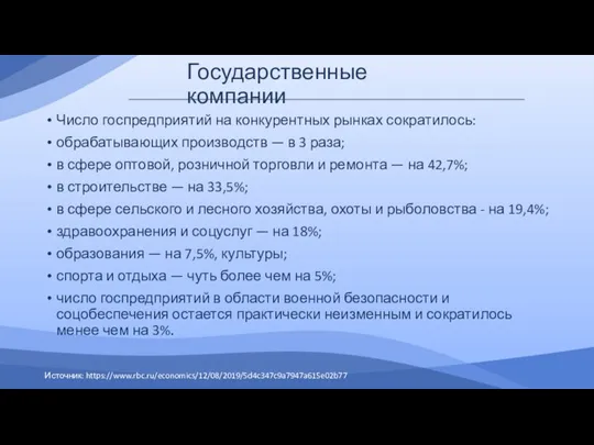 Государственные компании Число госпредприятий на конкурентных рынках сократилось: обрабатывающих производств — в