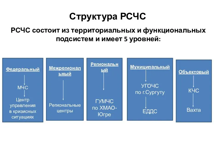 Структура РСЧС РСЧС состоит из территориальных и функциональных подсистем и имеет 5